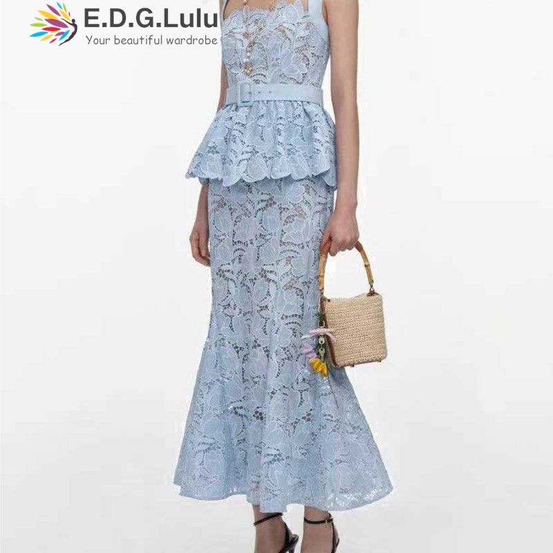 Wedding Lulu - EDGLuLu ヴィンテージ中空レース刺繍花柄ツーピースセット スクエアカラーキャミソールトップ+ハイウエストマーメイドスカートスーツ 0828